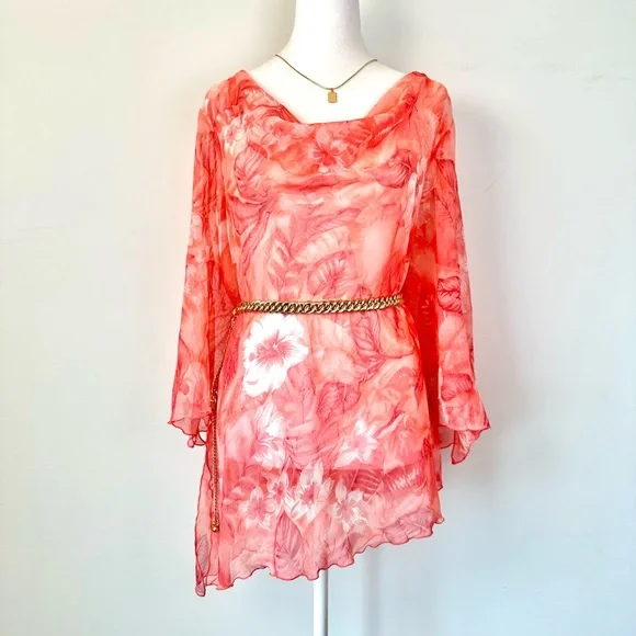 Vintage Picadilly Orange and Pink Floral Asymmetrical Sheer Blouse 3/4 Sleeves - Picture 12 of 15